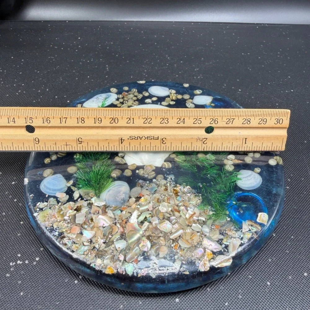 Vintage Lucite Seashell Trivet 6 Inch Round Clear Resin Coastal Decor Blue White